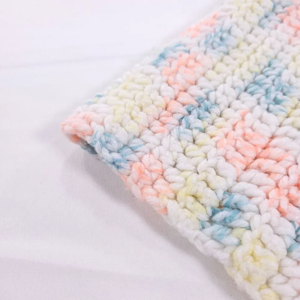 Vintage Handmade Afghan Blanket Crochet Knit 36x48 Pink Blue White